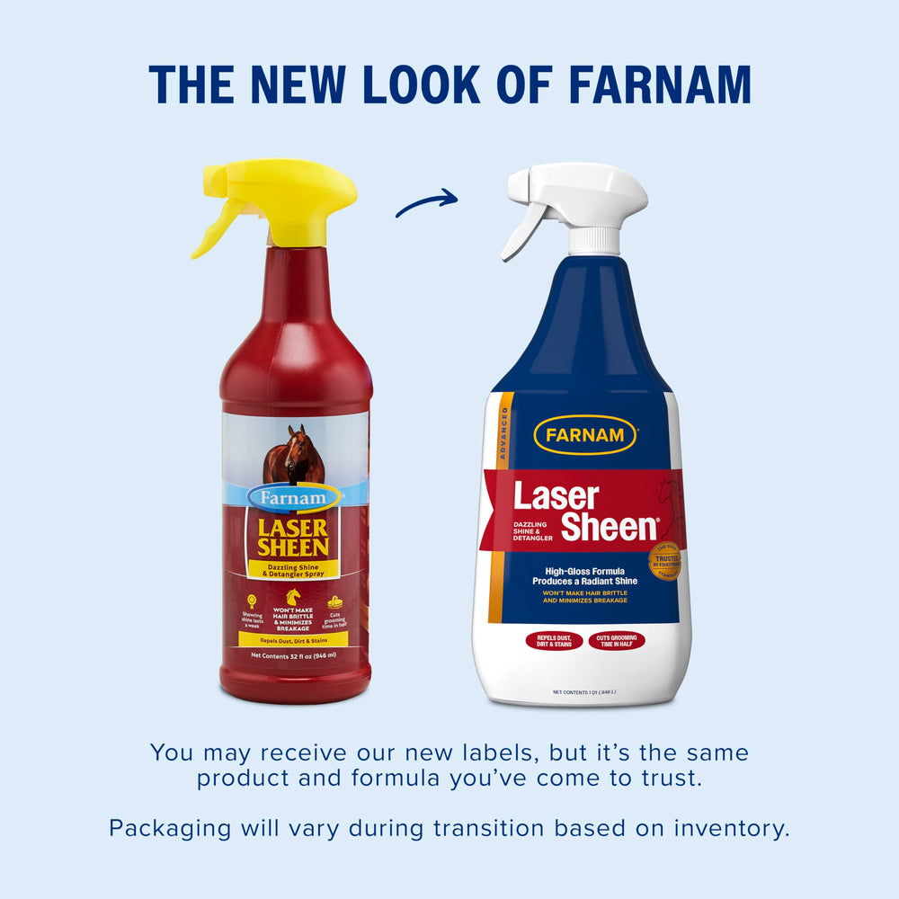 Farnam Laser Sheen horse grooming spray bottle shown at an angle.