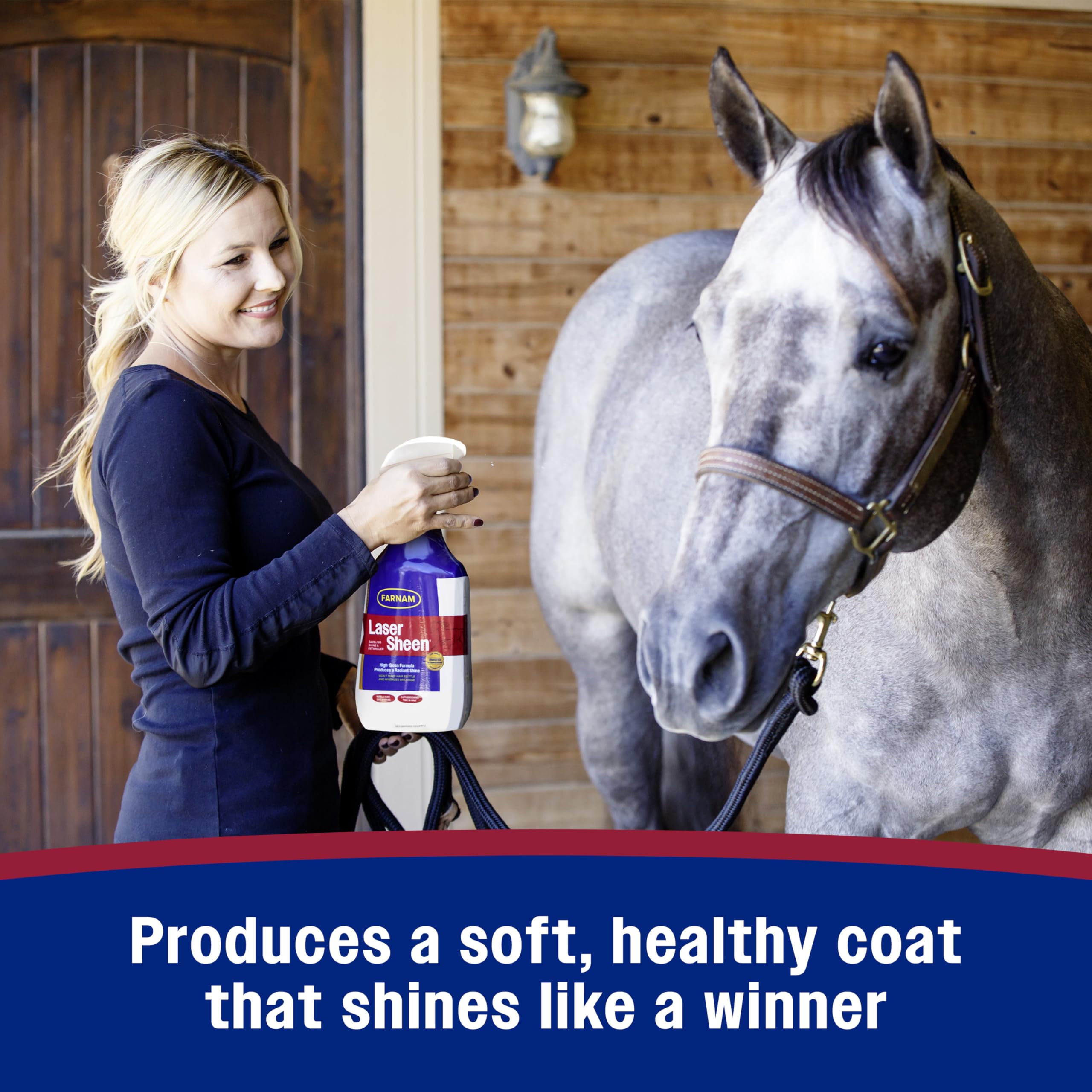 Farnam Laser Sheen horse spray used during tail grooming.