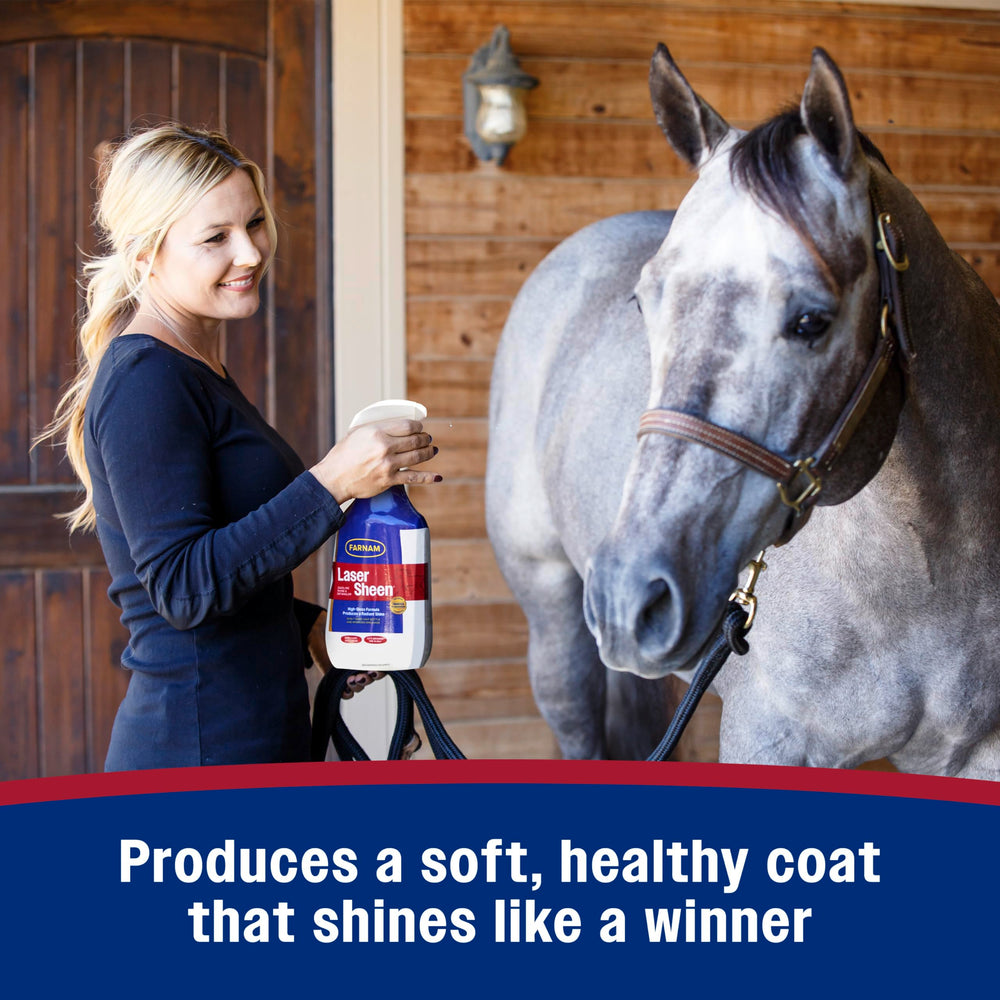 Farnam Laser Sheen horse spray used during tail grooming.