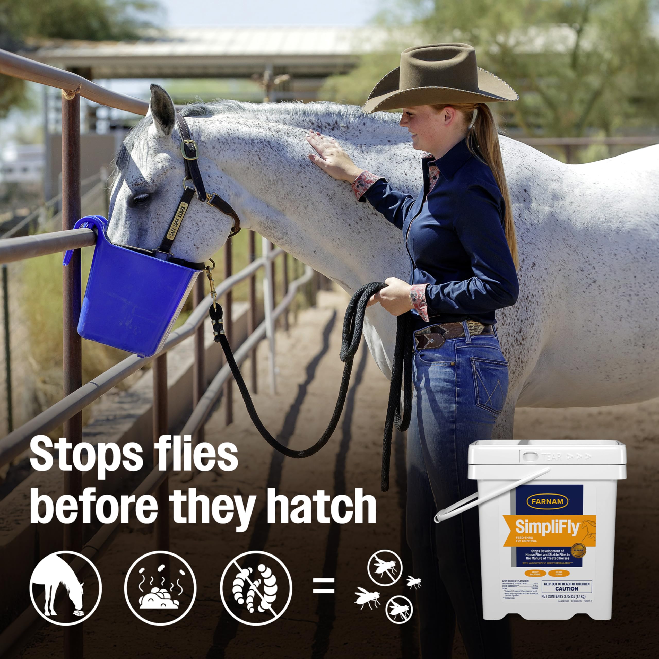 Farnam SimpliFly horse fly control shown during a horse’s daily feeding.