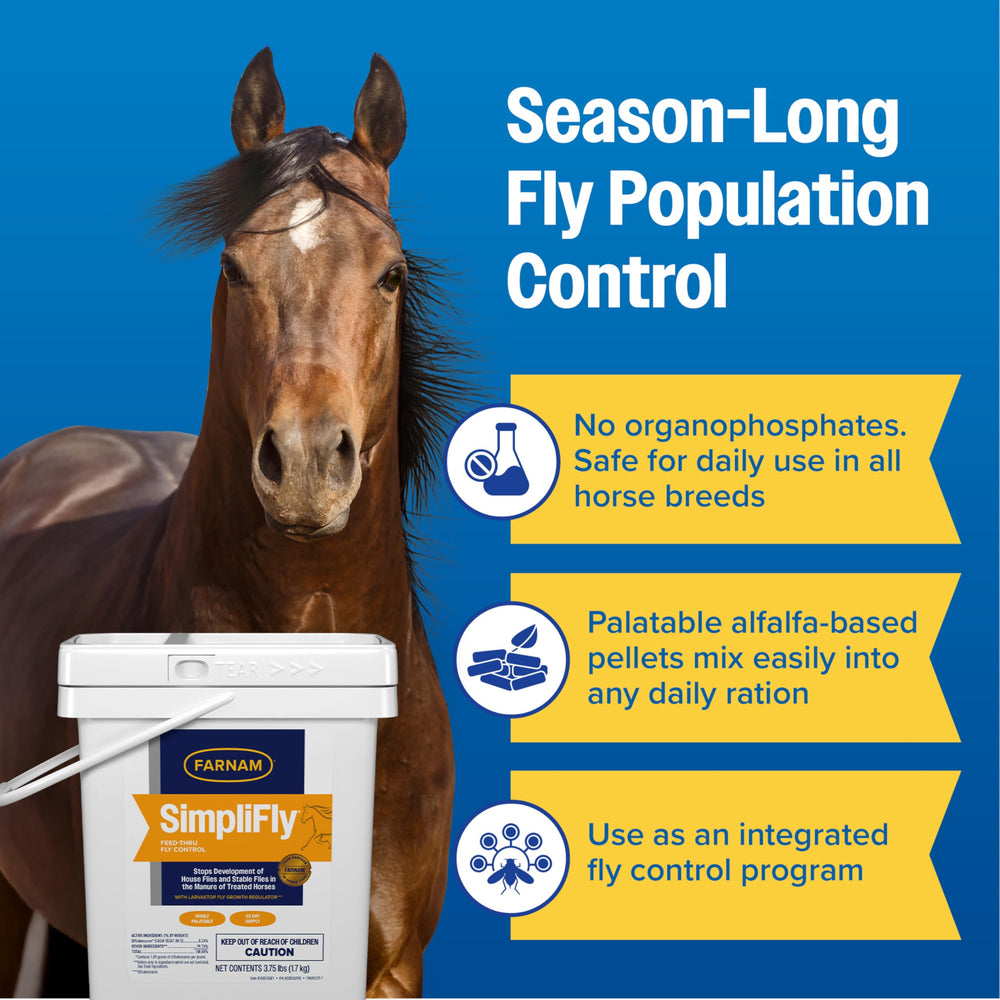 Farnam SimpliFly horse fly control pellets shown mixed into regular feed.