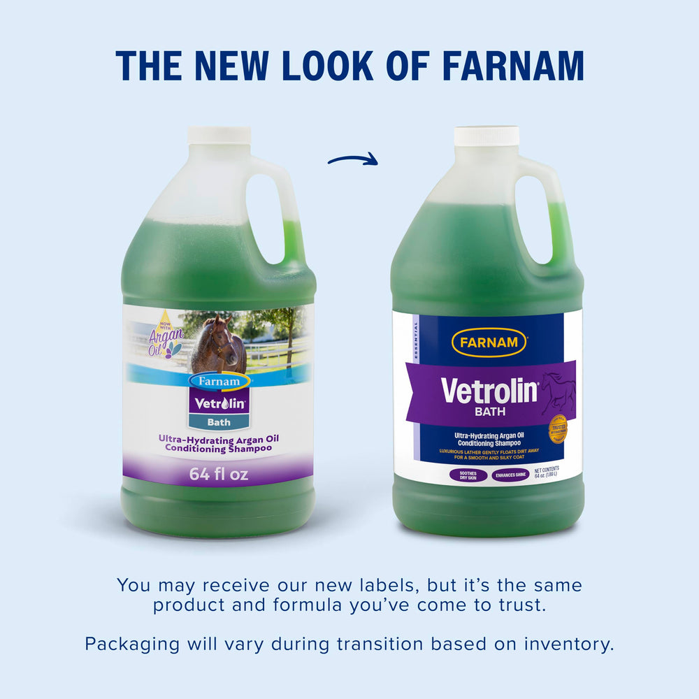 Farnam Vetrolin Bath shampoo label shown in close-up.