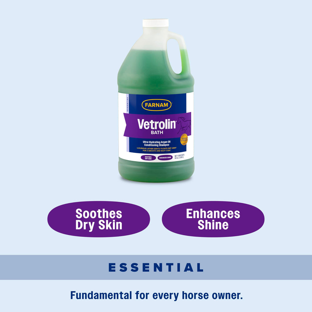 Farnam Vetrolin Bath shampoo bottle shown from a side angle.