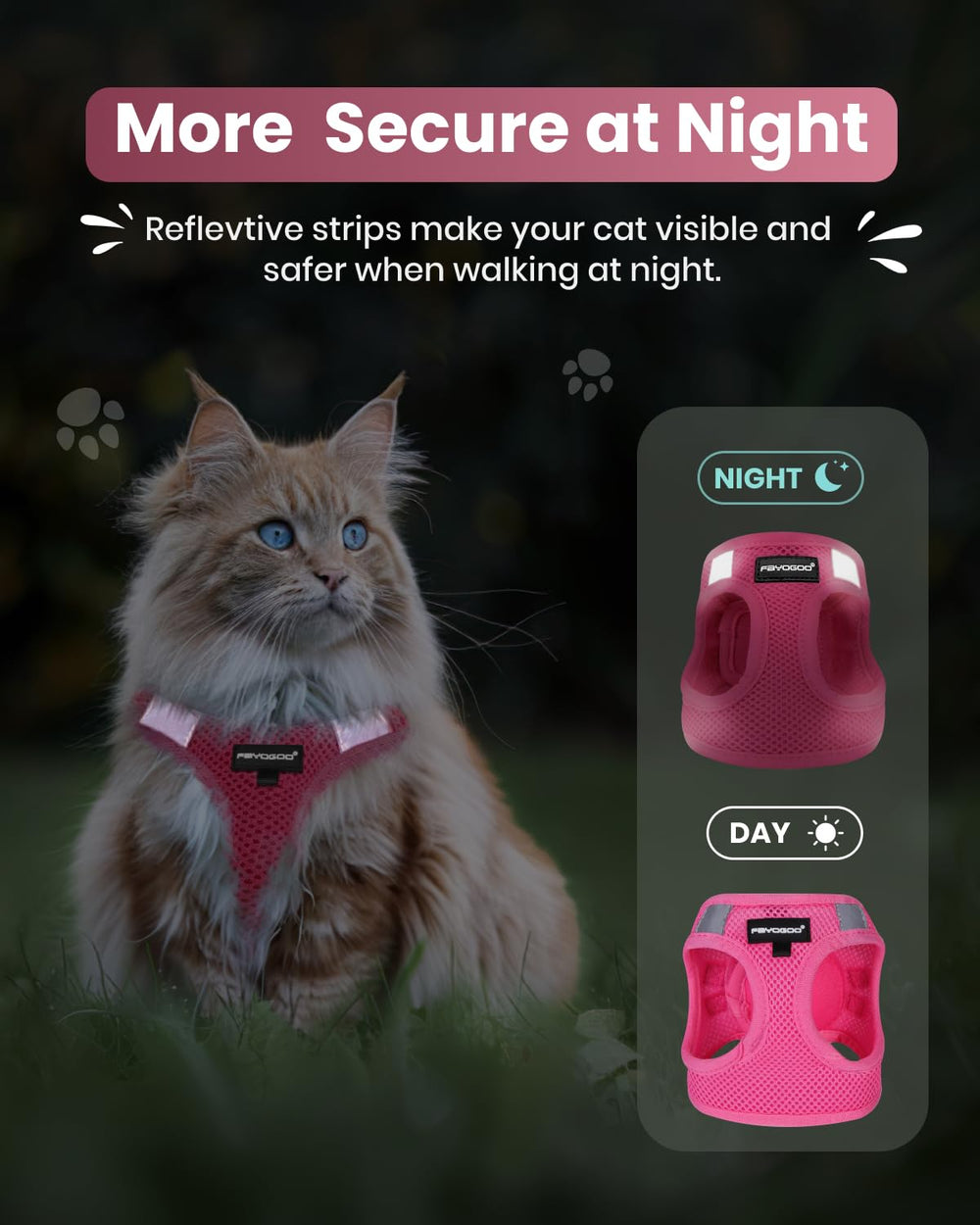 FAYOGOO cat harness close-up of its built-in reflective strip.