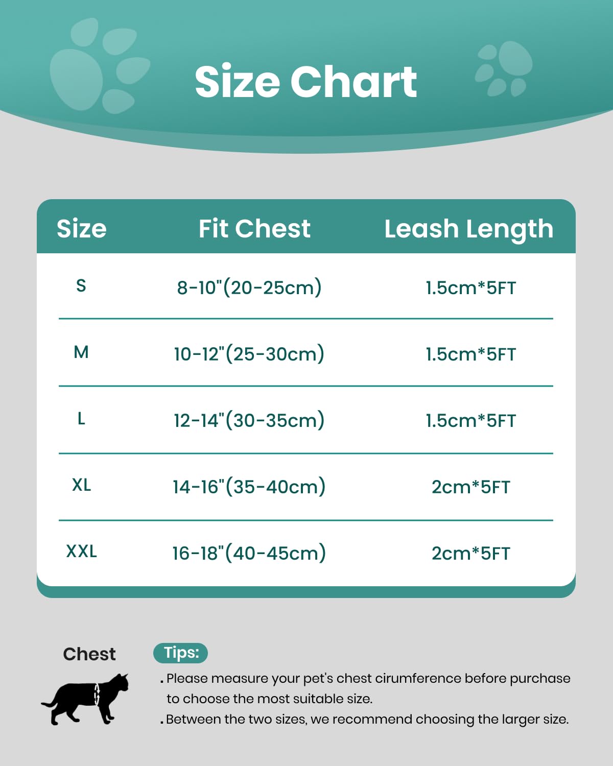FAYOGOO cat harness sizing guide for comparing chest and neck measurements.