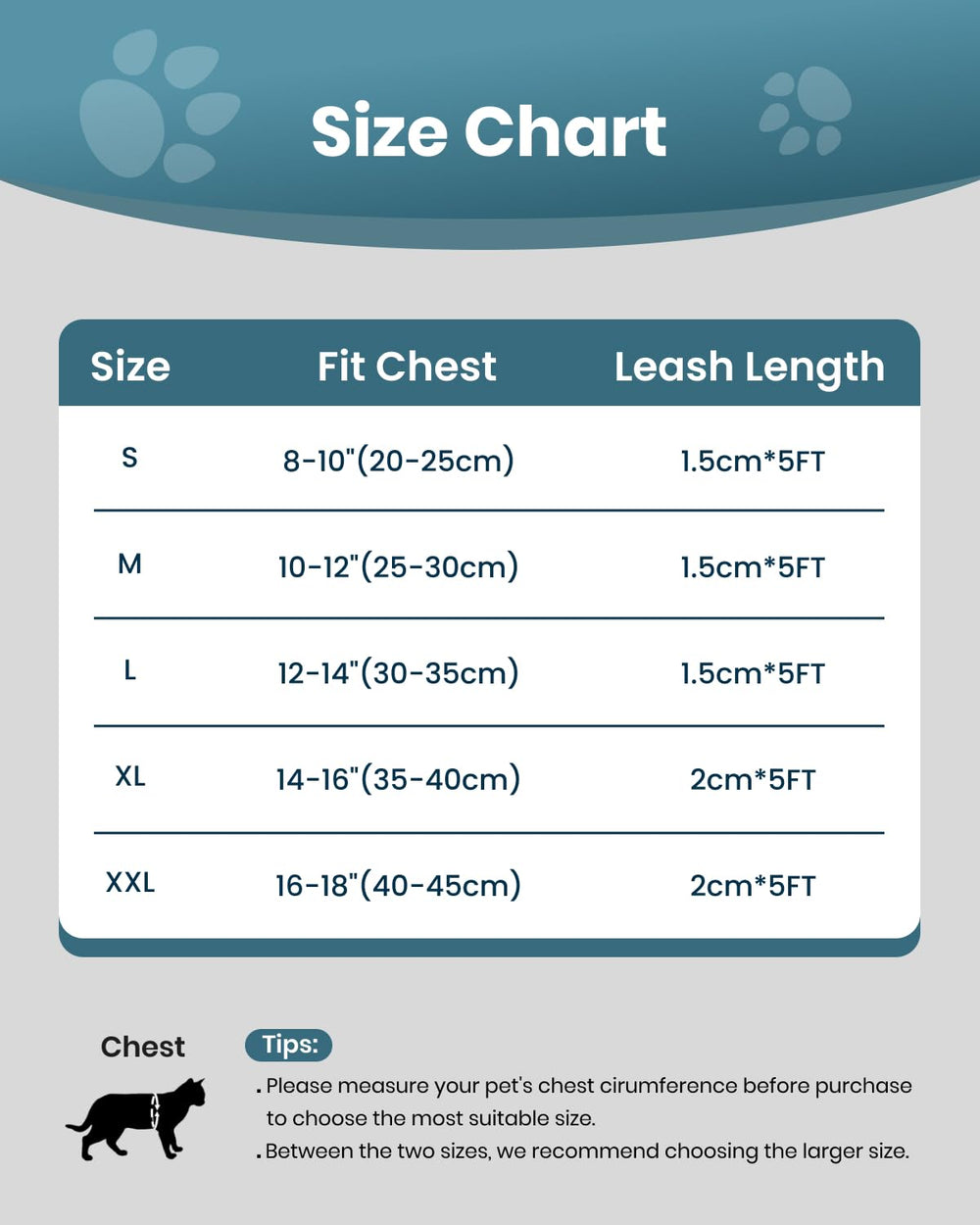 FAYOGOO cat harness and leash set beside its sizing guide for chest and neck measurements.