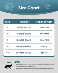 FAYOGOO cat harness and leash set beside its sizing guide for chest and neck measurements.