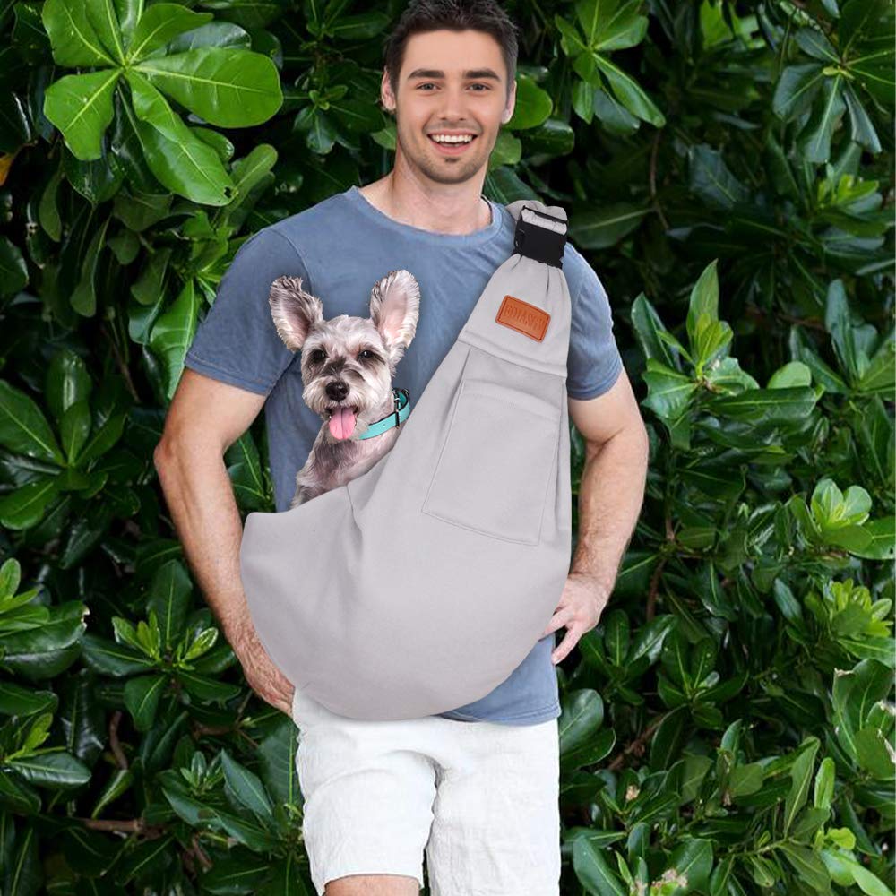 FDJASGY hands-free pet sling carrier used for an outdoor outing.