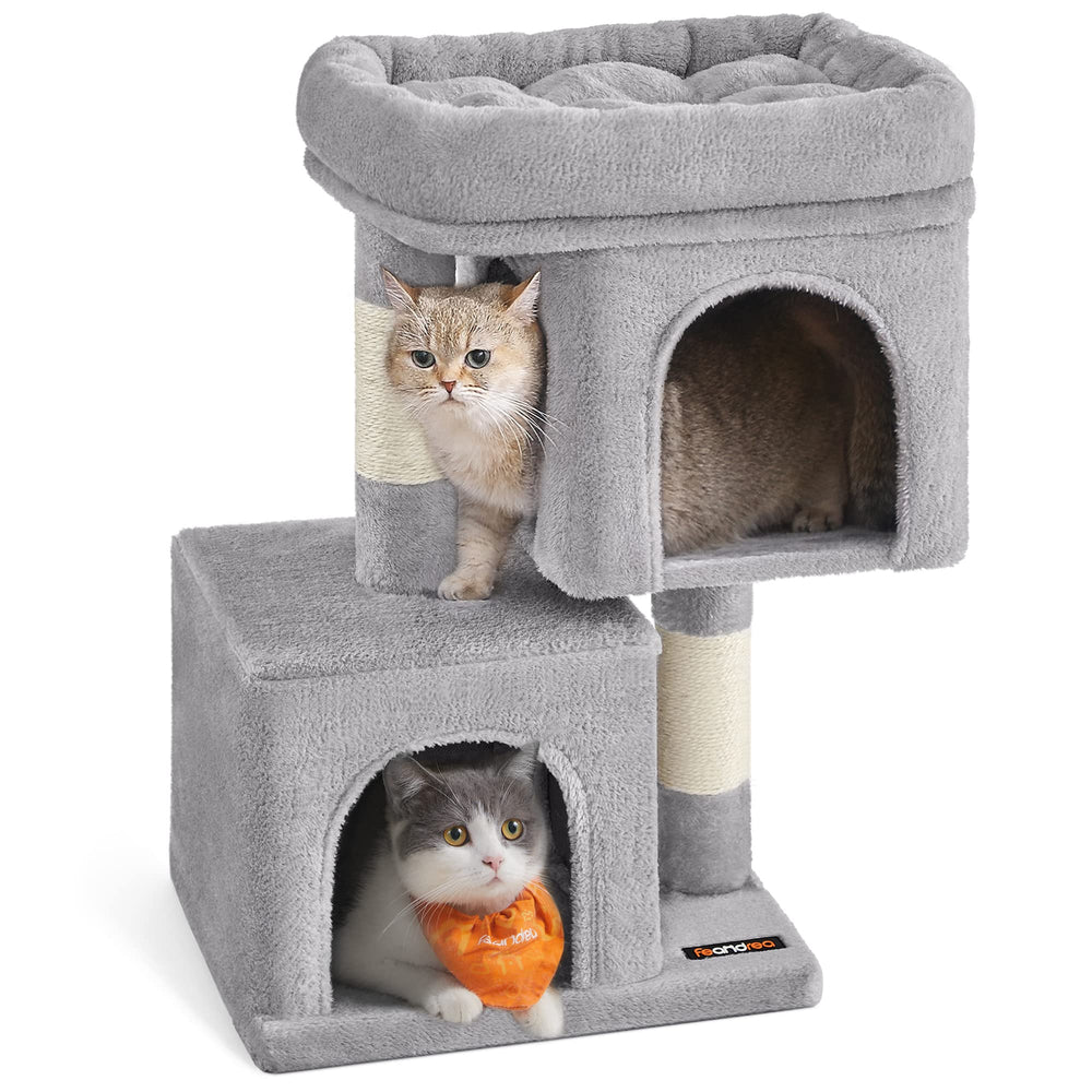Feandrea Cat Tree shown from the front with its plush caves and raised perch.