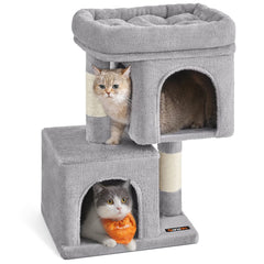 Feandrea Cat Tree shown from the front with its plush caves and raised perch.