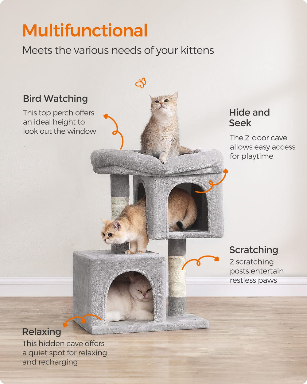 Feandrea Cat Tree lower cave shown as an enclosed kitten hideaway.