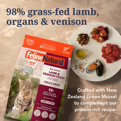 Feline Natural freeze-dried cat food crumbled over a meal.