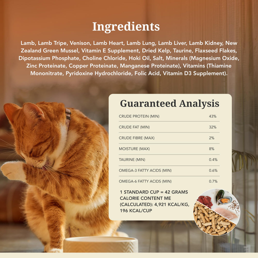 Feline Natural freeze-dried cat food with its nutrition information visible.