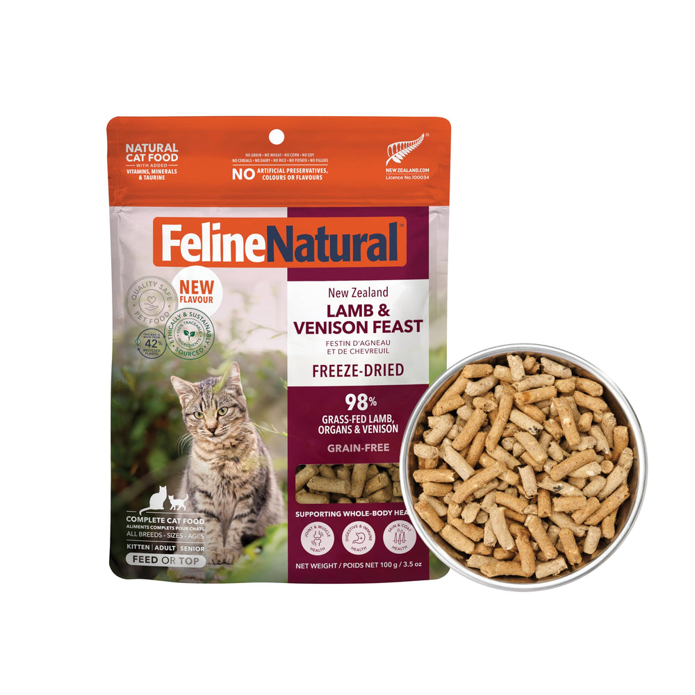 Feline Natural freeze-dried cat food shown from the front.