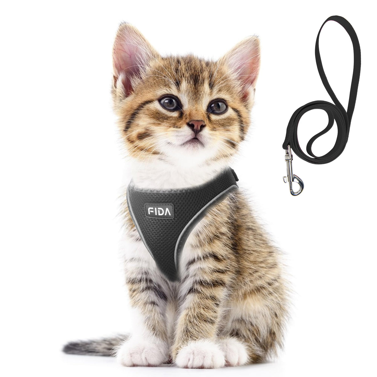 Fida cat harness and leash set shown from the front in black.