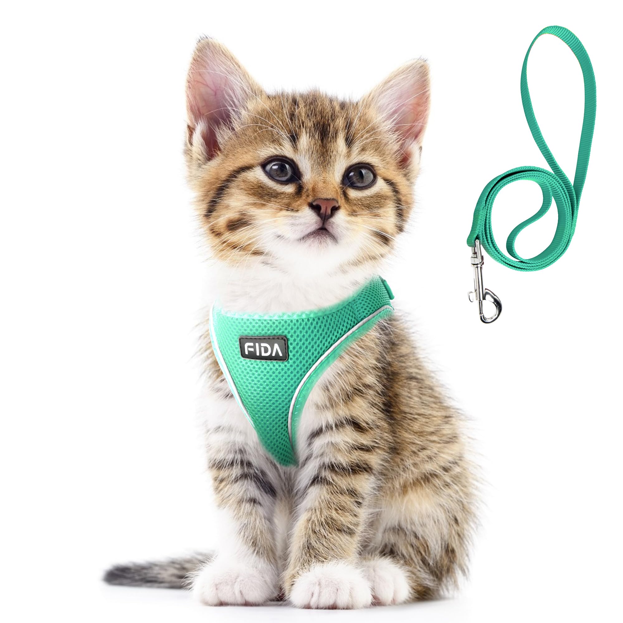 Fida Cat Harness and Leash Set shown from the front in green.