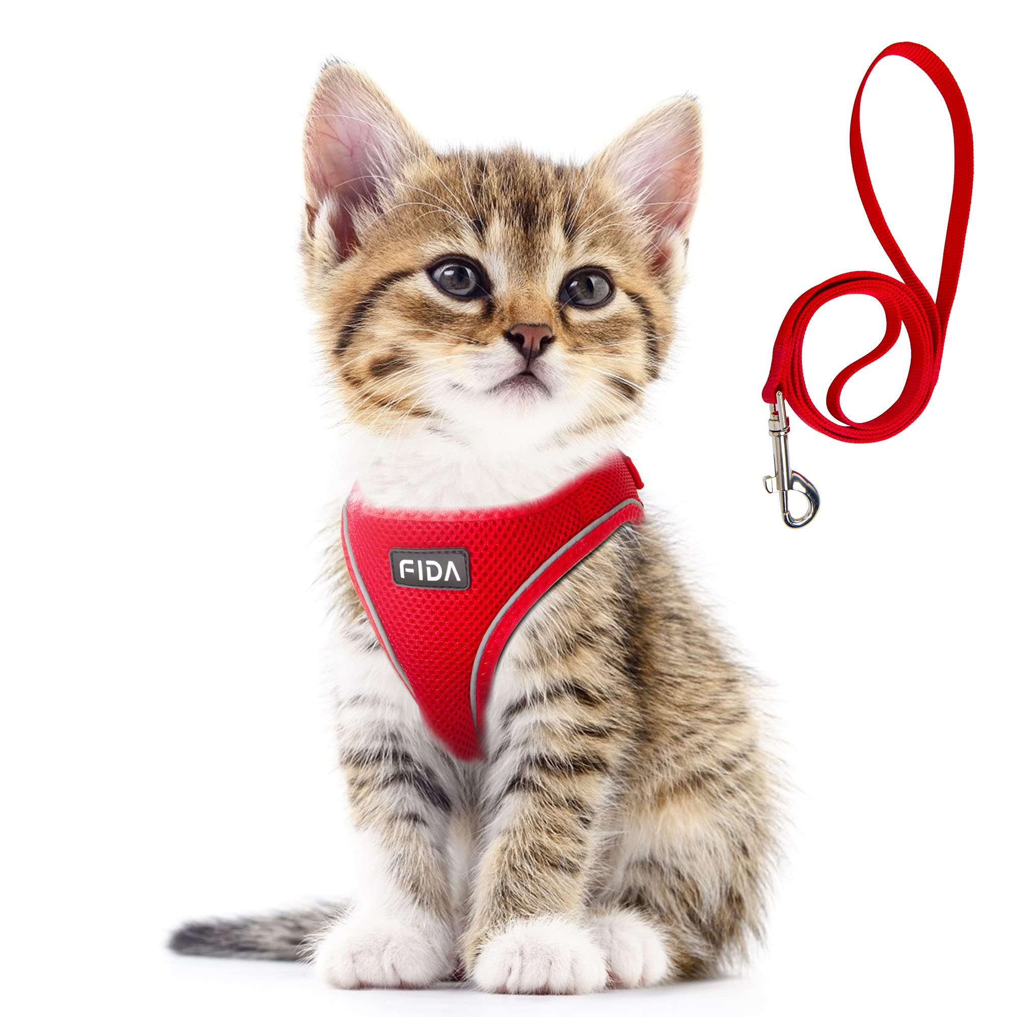 Fida cat harness and leash set shown from the front in red.