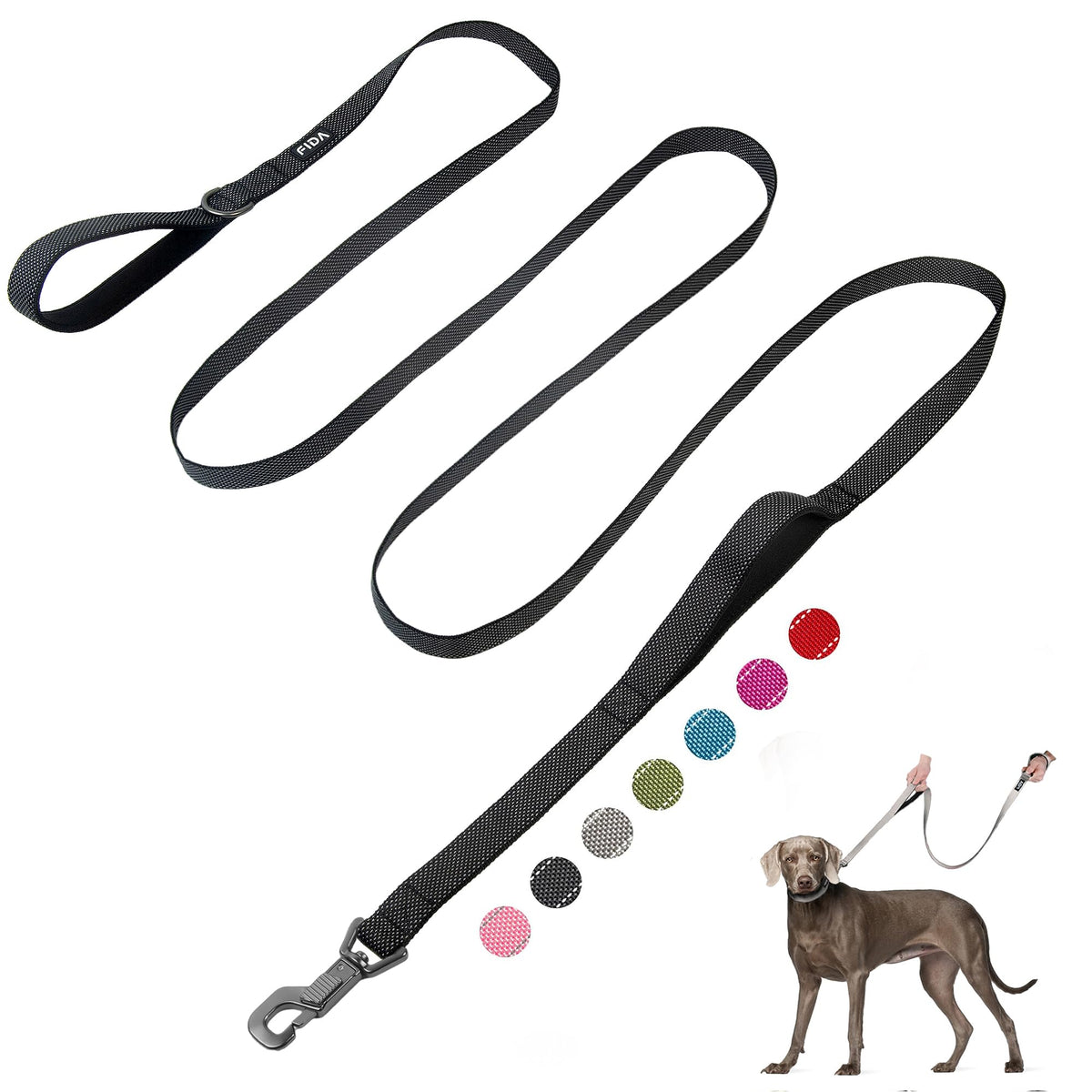 Fida dog leash shown along its full length with both handles visible.