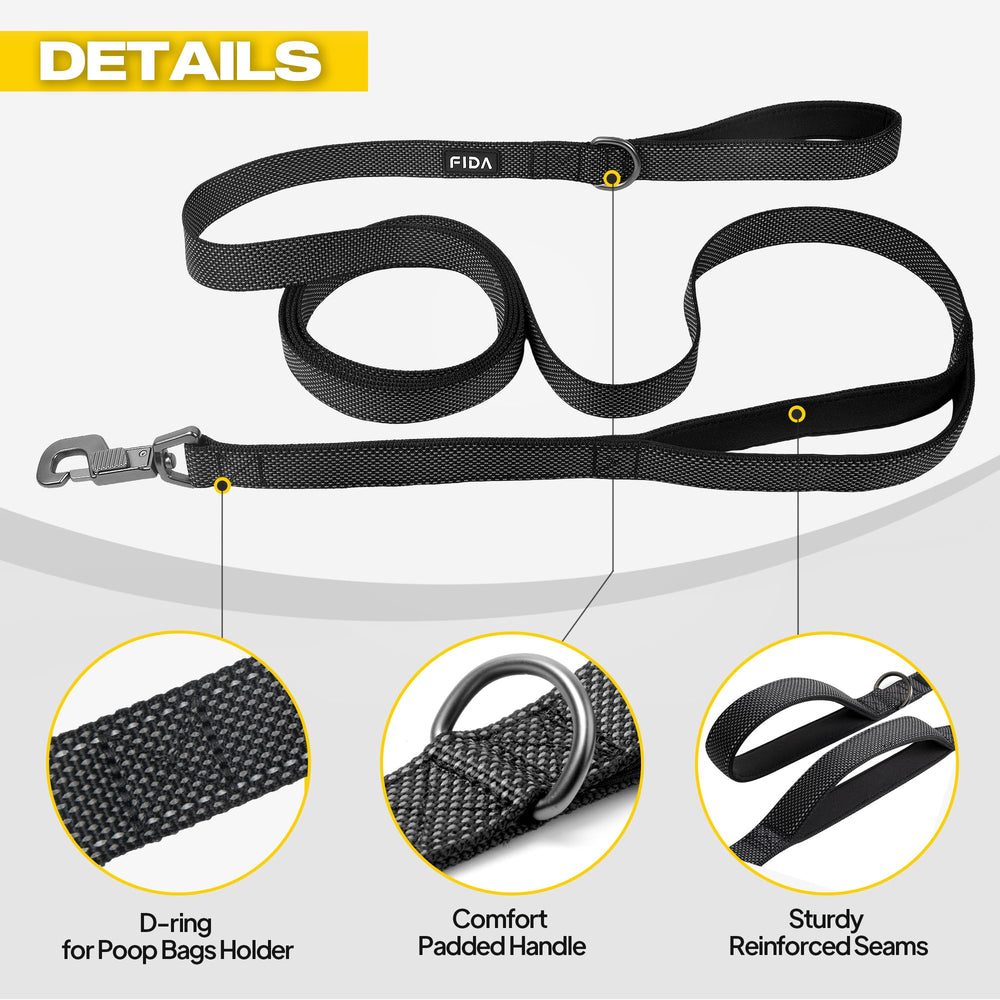 Fida dog leash shown in use during a walk with a dog.