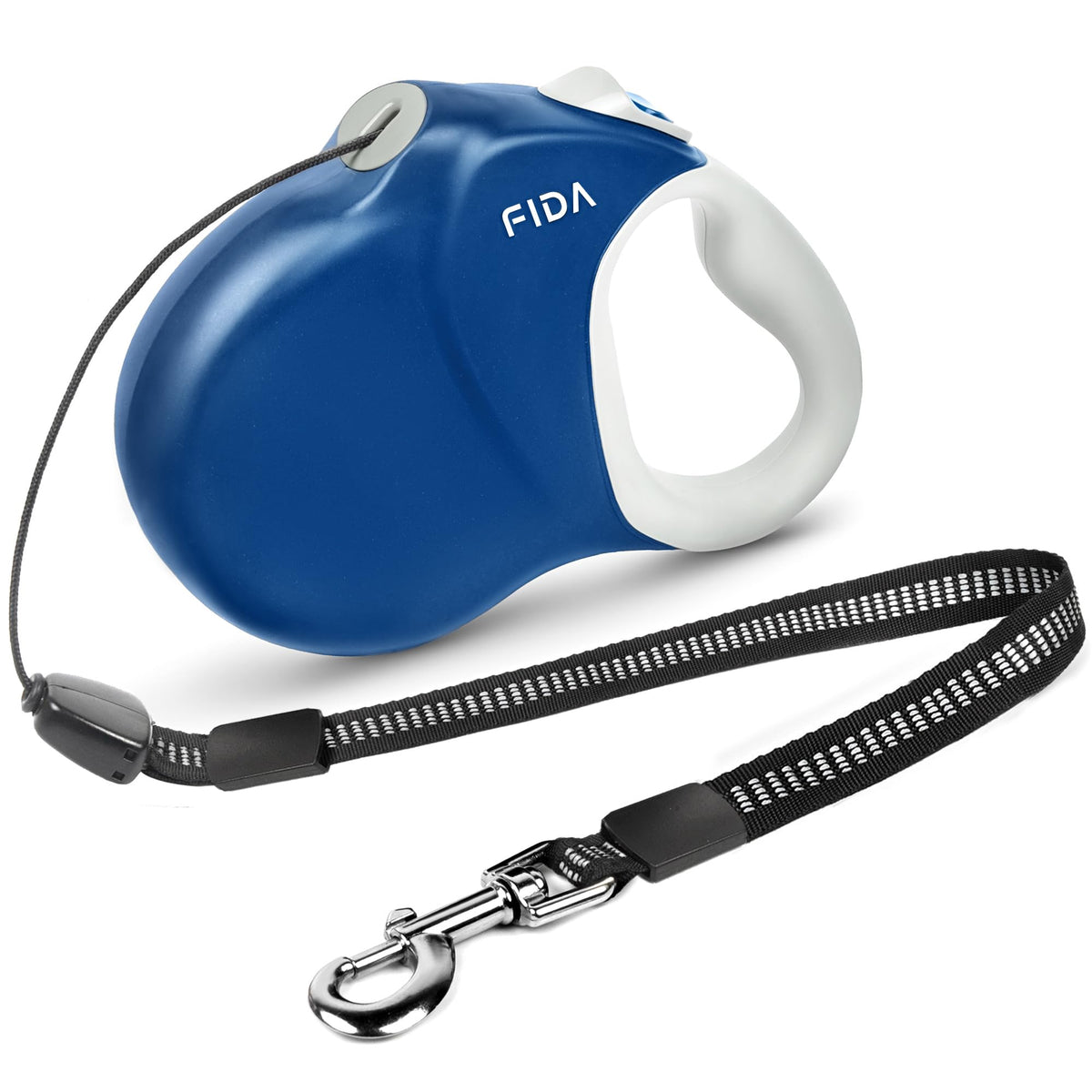 Fida retractable dog leash shown from the front in blue.