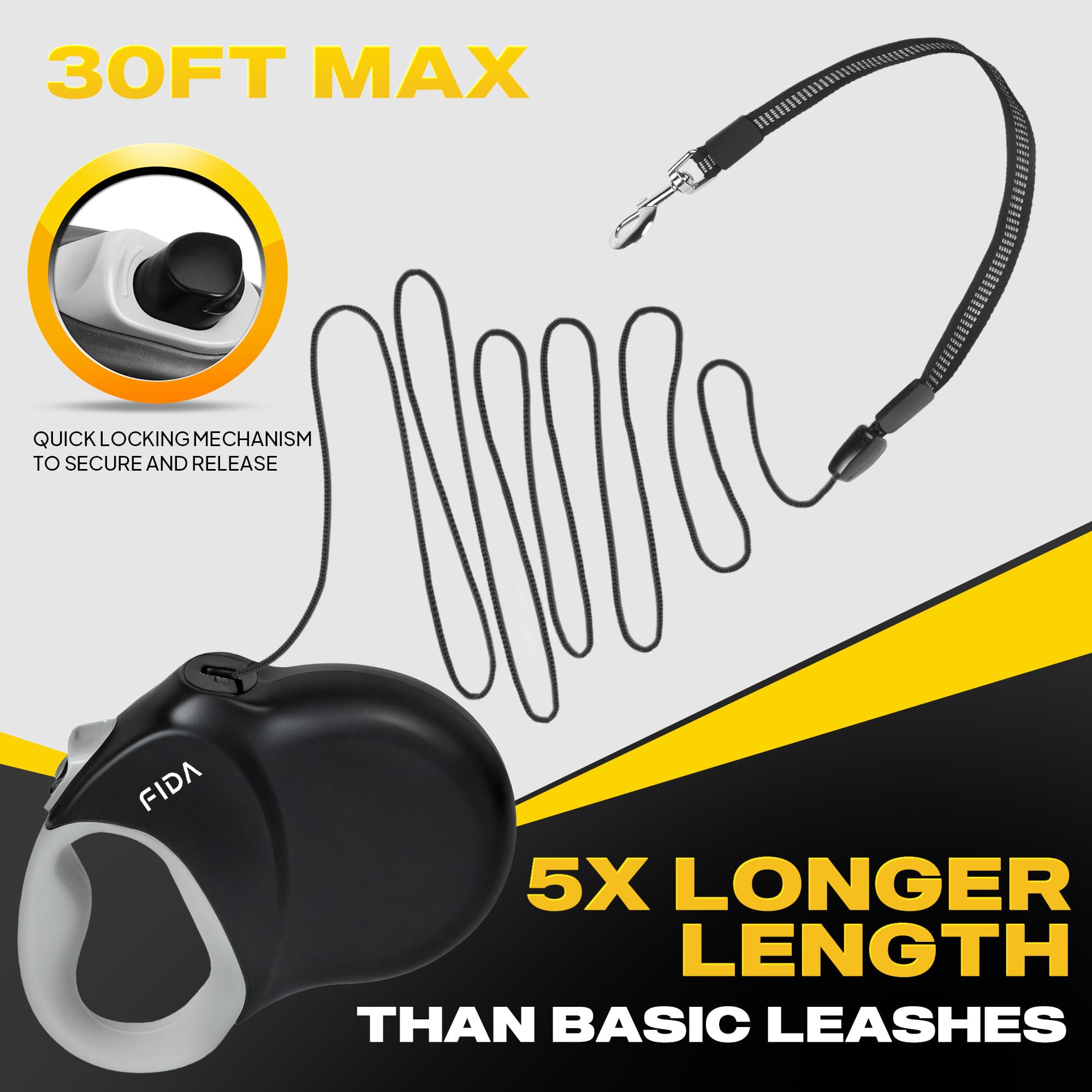 Fida retractable dog leash with its ergonomic soft-grip handle in focus.