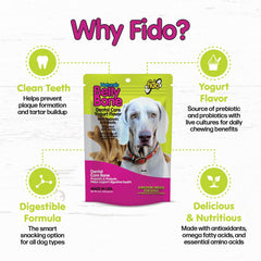 A dog chewing a Fido Belly Bones yogurt-flavored dental treat.
