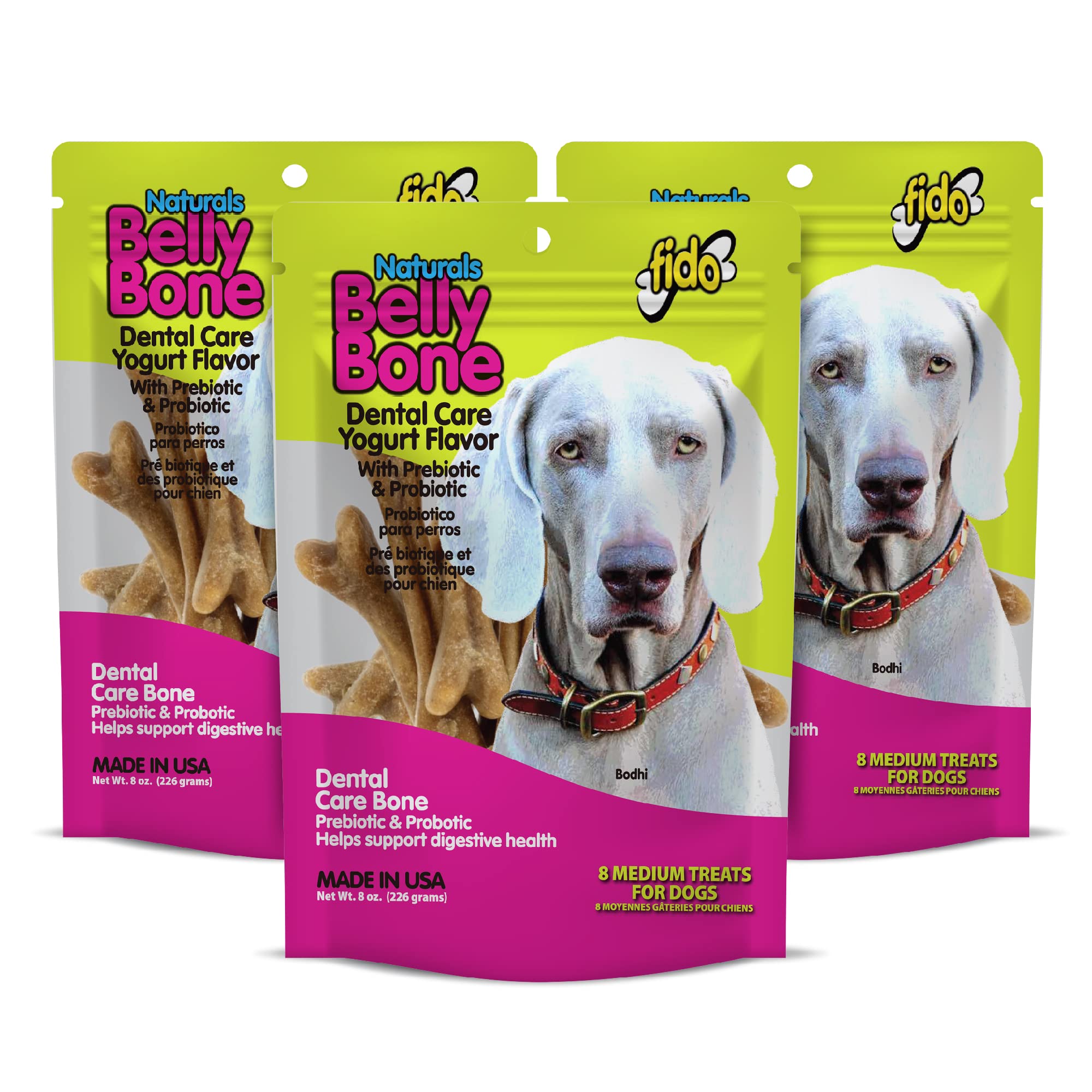 Fido Belly Bones medium dental treats shown with the front of the pouch visible.