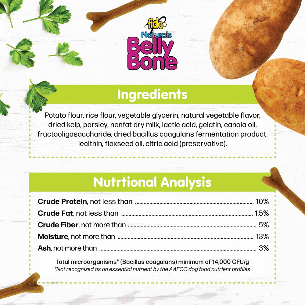 Fido Belly Bones resealable pouch shown with its packaging details.