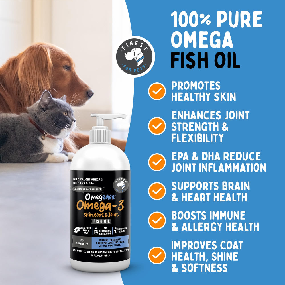 Finest For Pets Omegease fish oil bottle shown from an alternate angle.