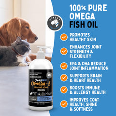 Finest For Pets Omegease fish oil bottle shown from an alternate angle.