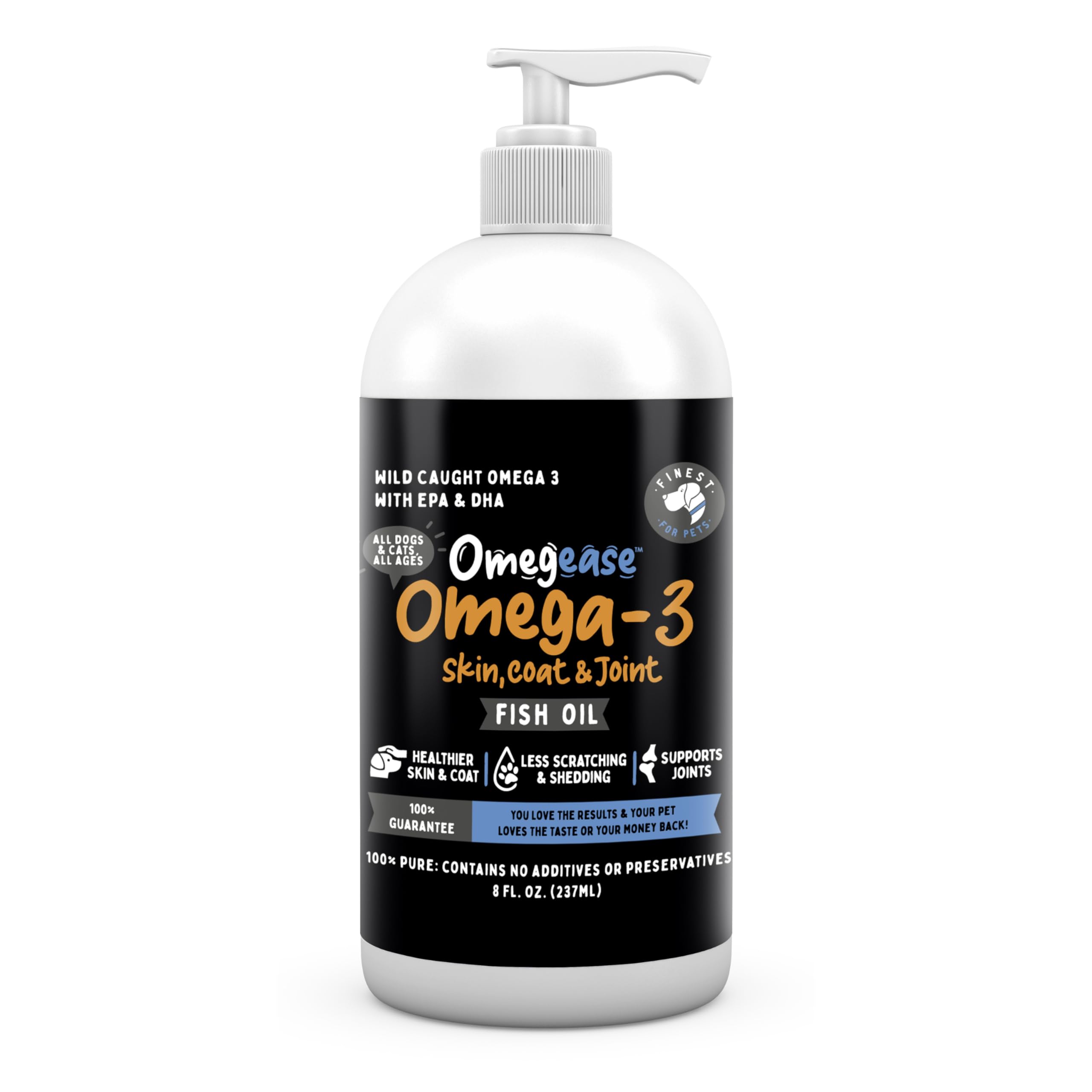 Finest For Pets Omegease fish oil bottle shown from the front.