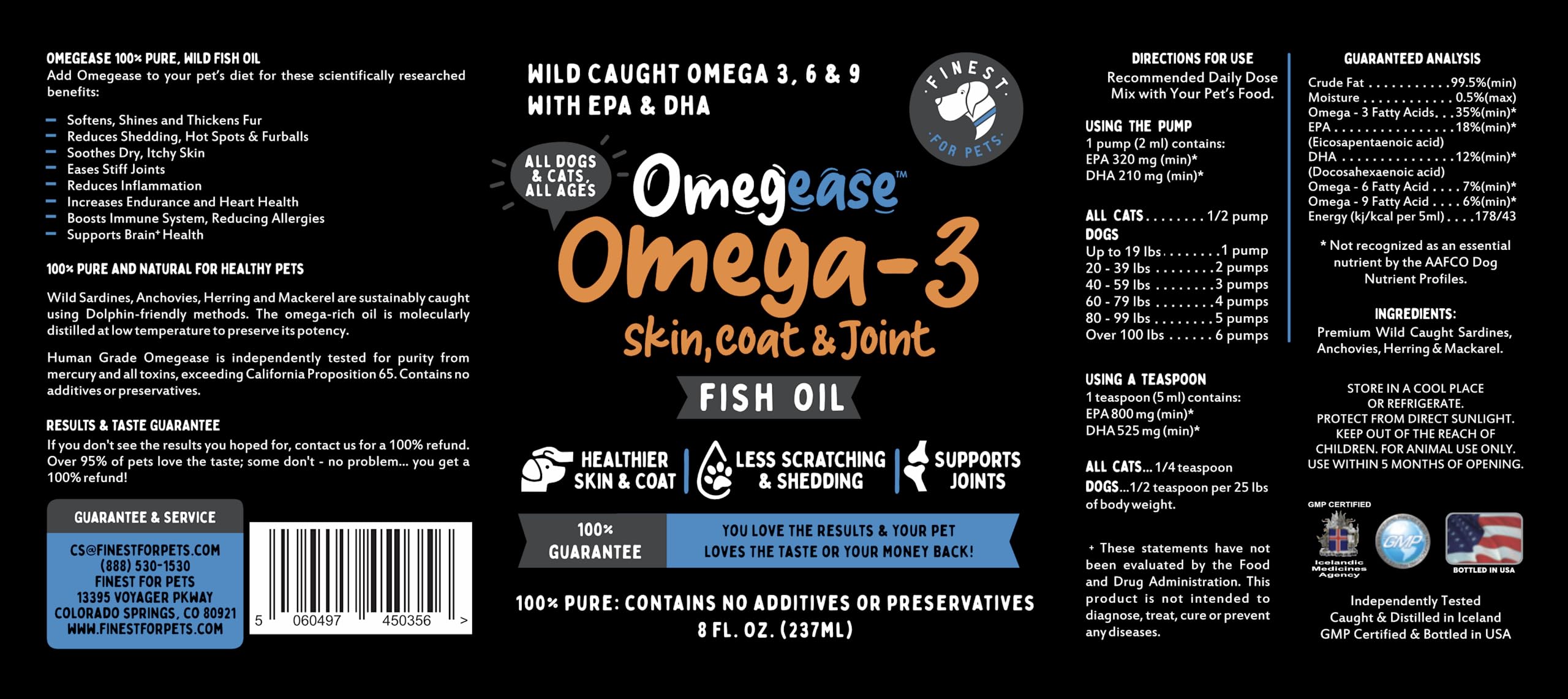 Finest For Pets Omegease fish oil wild-caught fish source highlighted.