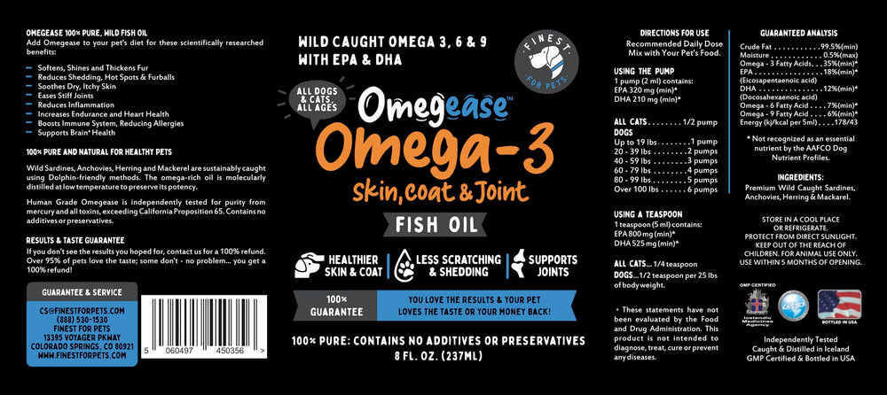 Finest For Pets Omegease fish oil wild-caught fish source highlighted.