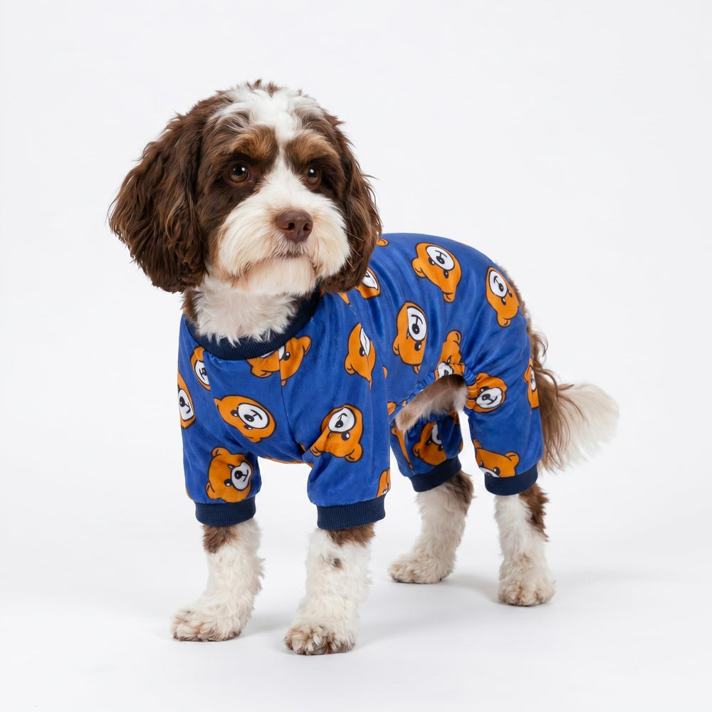Fitwarm bear dog pajamas showing the fabric surface and stretch design.