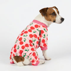 Fitwarm cherry dog pajamas detail showing the cotton rib-knit cuffs.