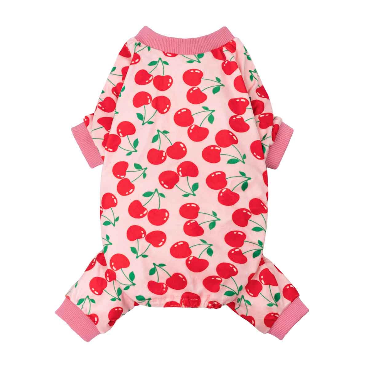 Fitwarm cherry dog pajamas shown from the front with the printed full-coverage design.