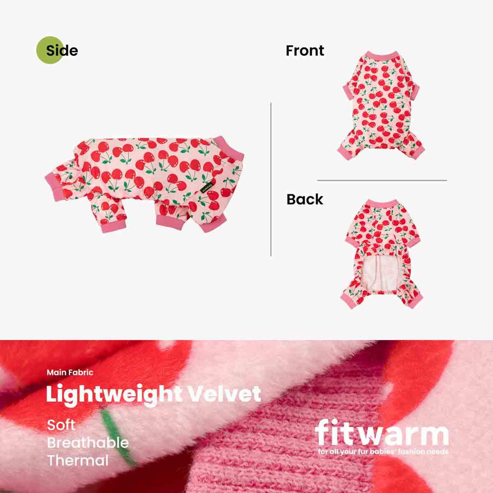 Fitwarm cherry dog pajamas shown being worn by a small dog.