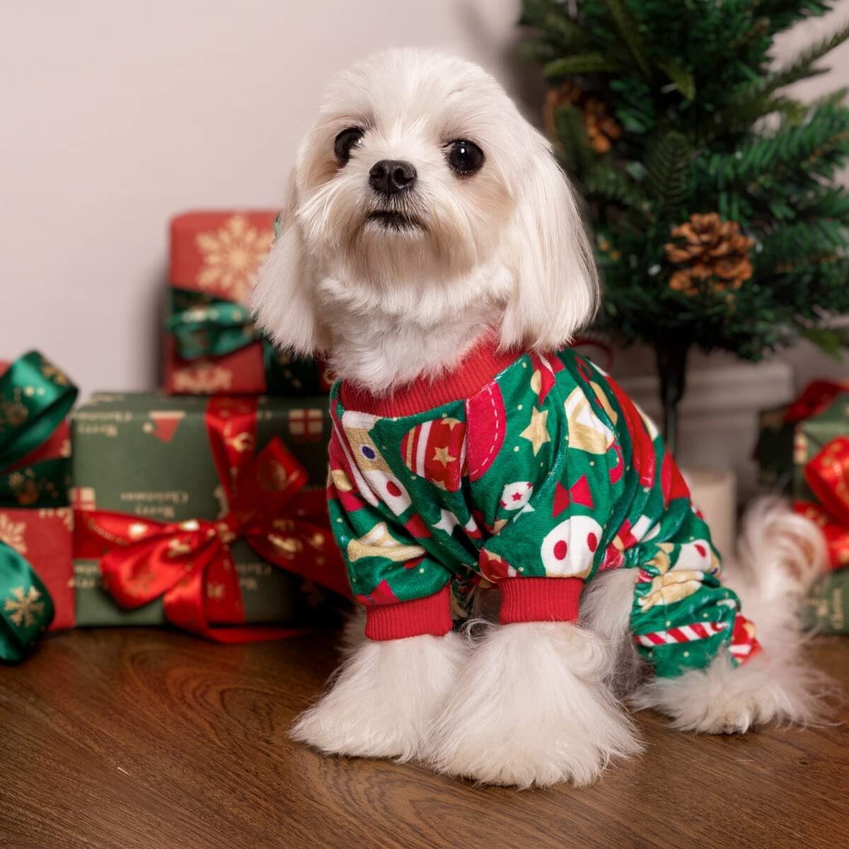 Fitwarm Christmas Dog Pajamas shown with the higher belly cut for potty breaks.