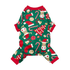 Fitwarm Christmas Dog Pajamas shown from the front in a festive red and green design.