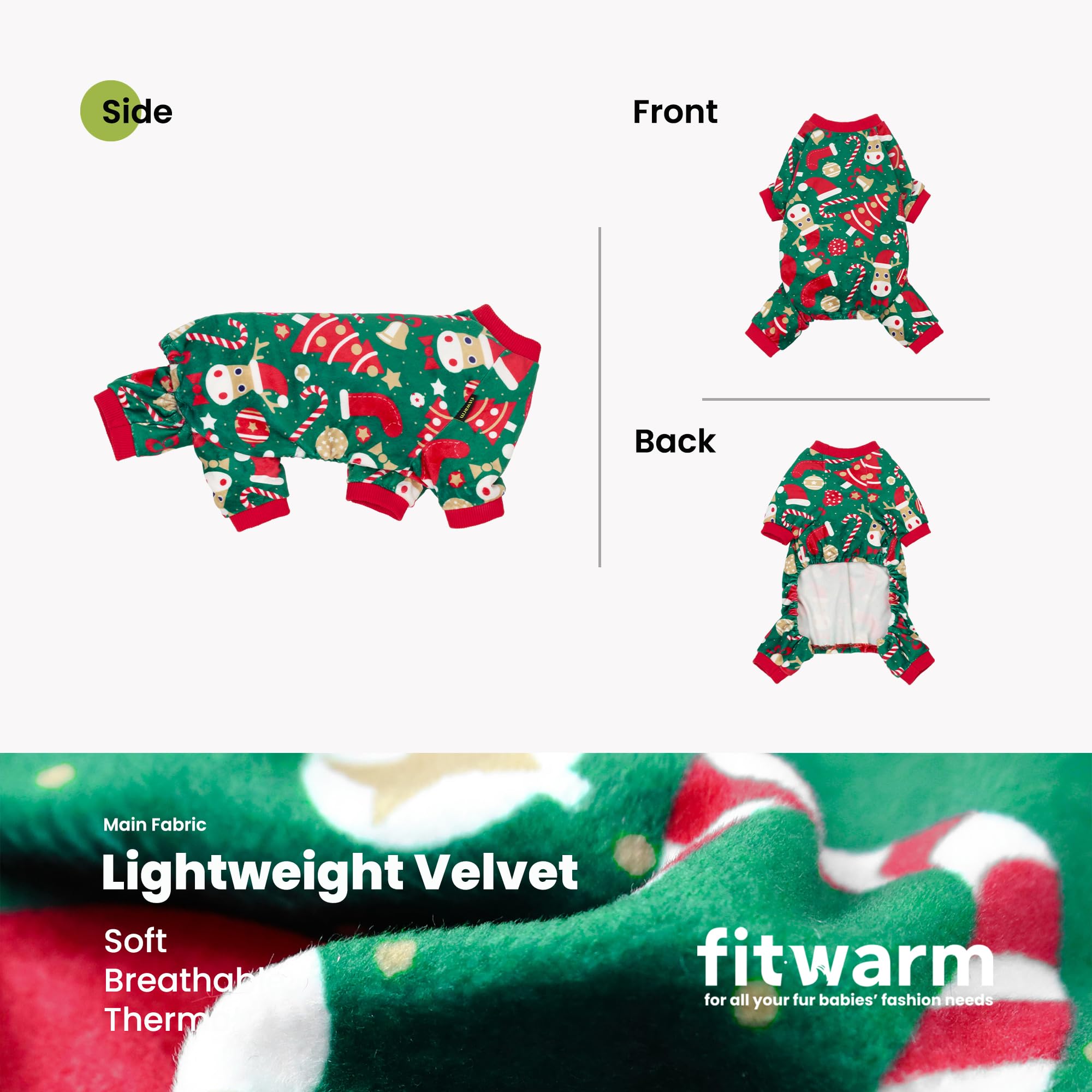A small dog wearing Fitwarm Christmas Dog Pajamas.