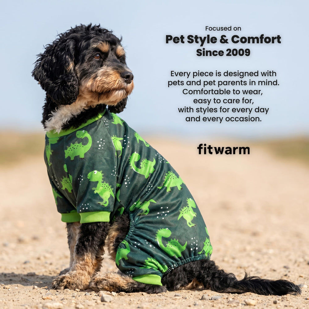 Fitwarm Dinosaur Dog Pajamas worn by a dog relaxing at home.