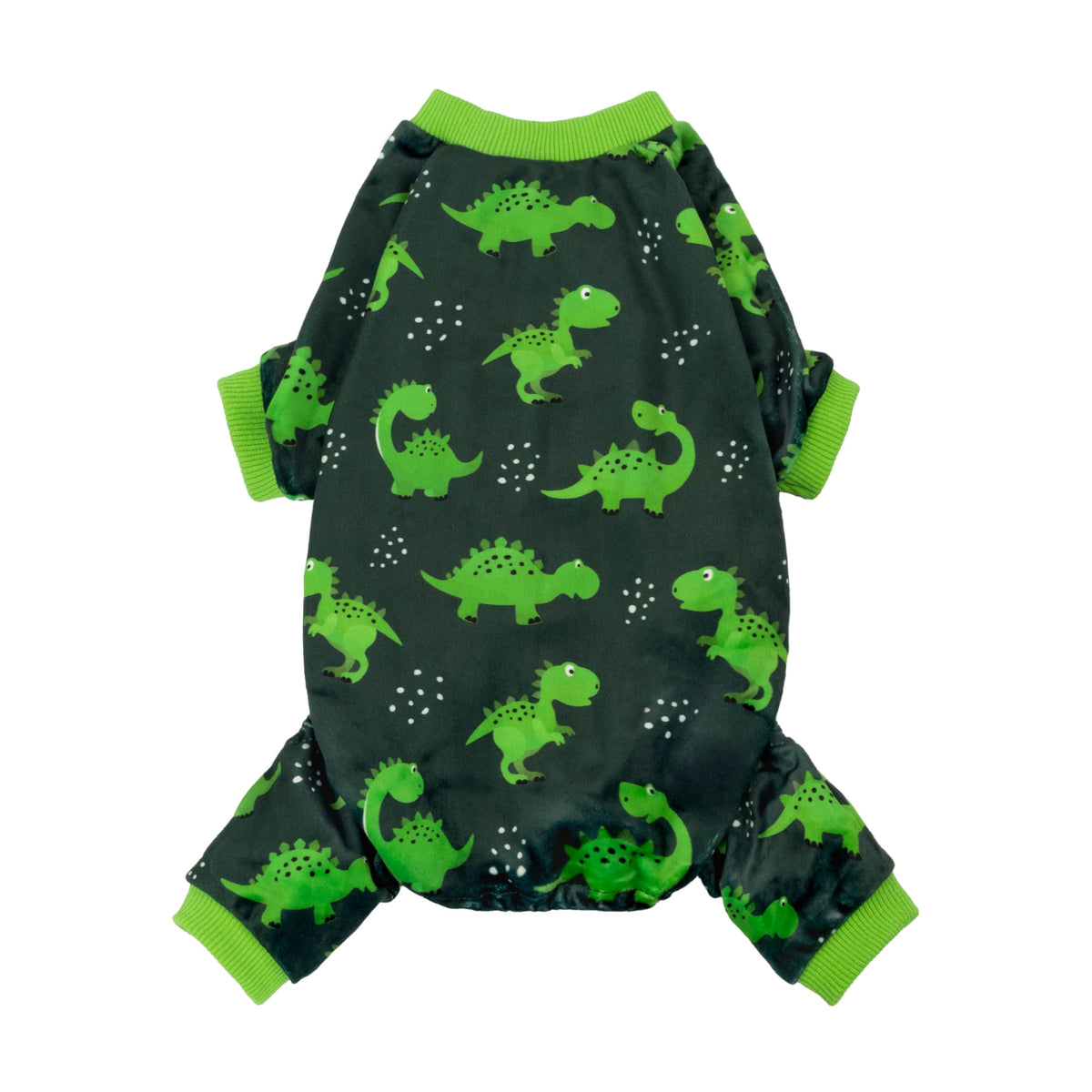 Fitwarm Dinosaur Dog Pajamas shown from the front in green.