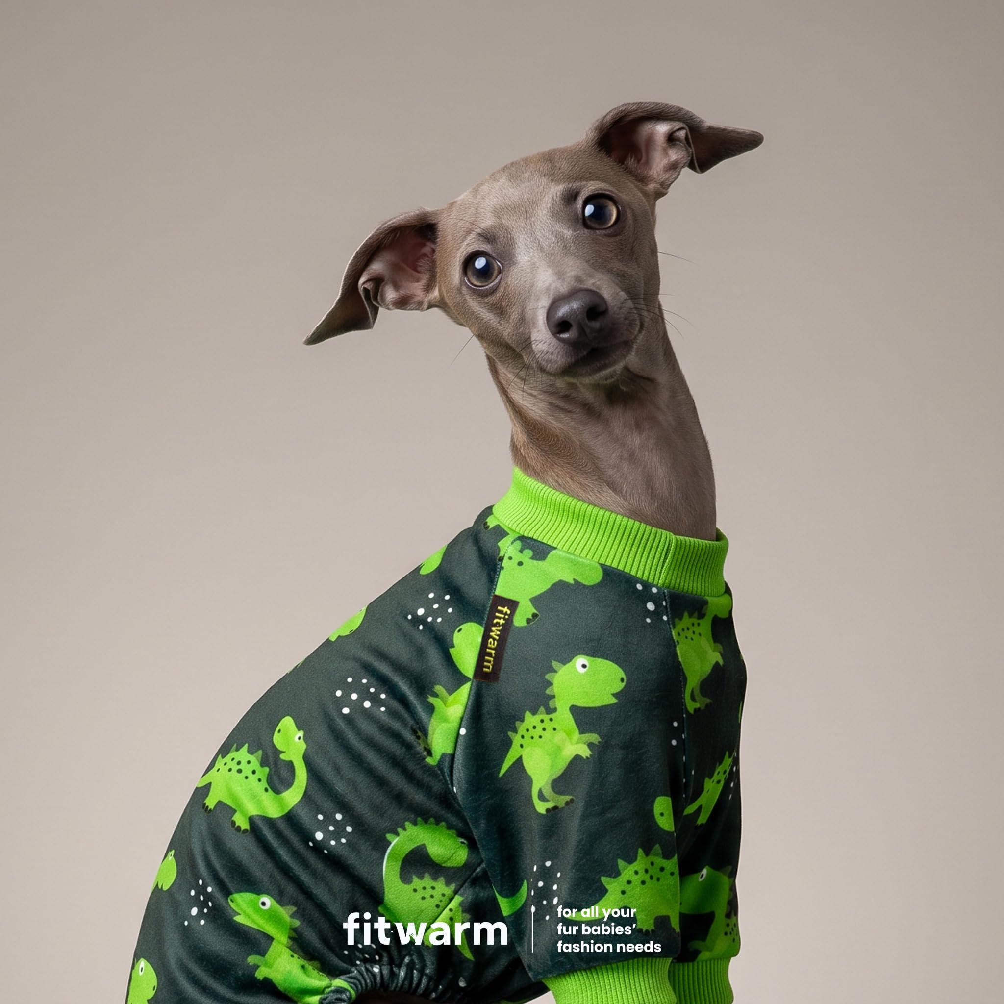 Fitwarm Dinosaur Dog Pajamas showing the ribbed neckline and cuffs.