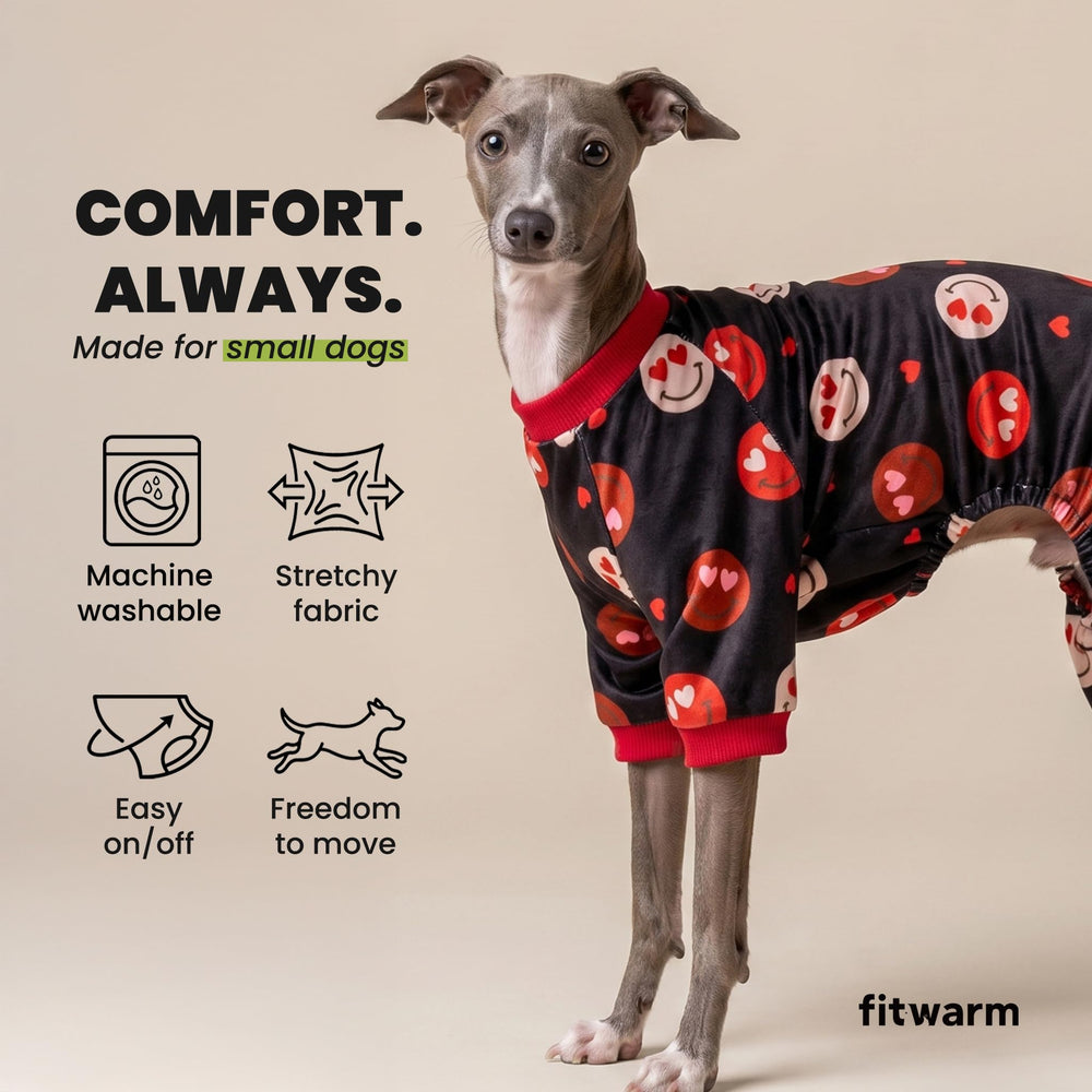 Fitwarm dog pajamas shown from the back to display the printed design.