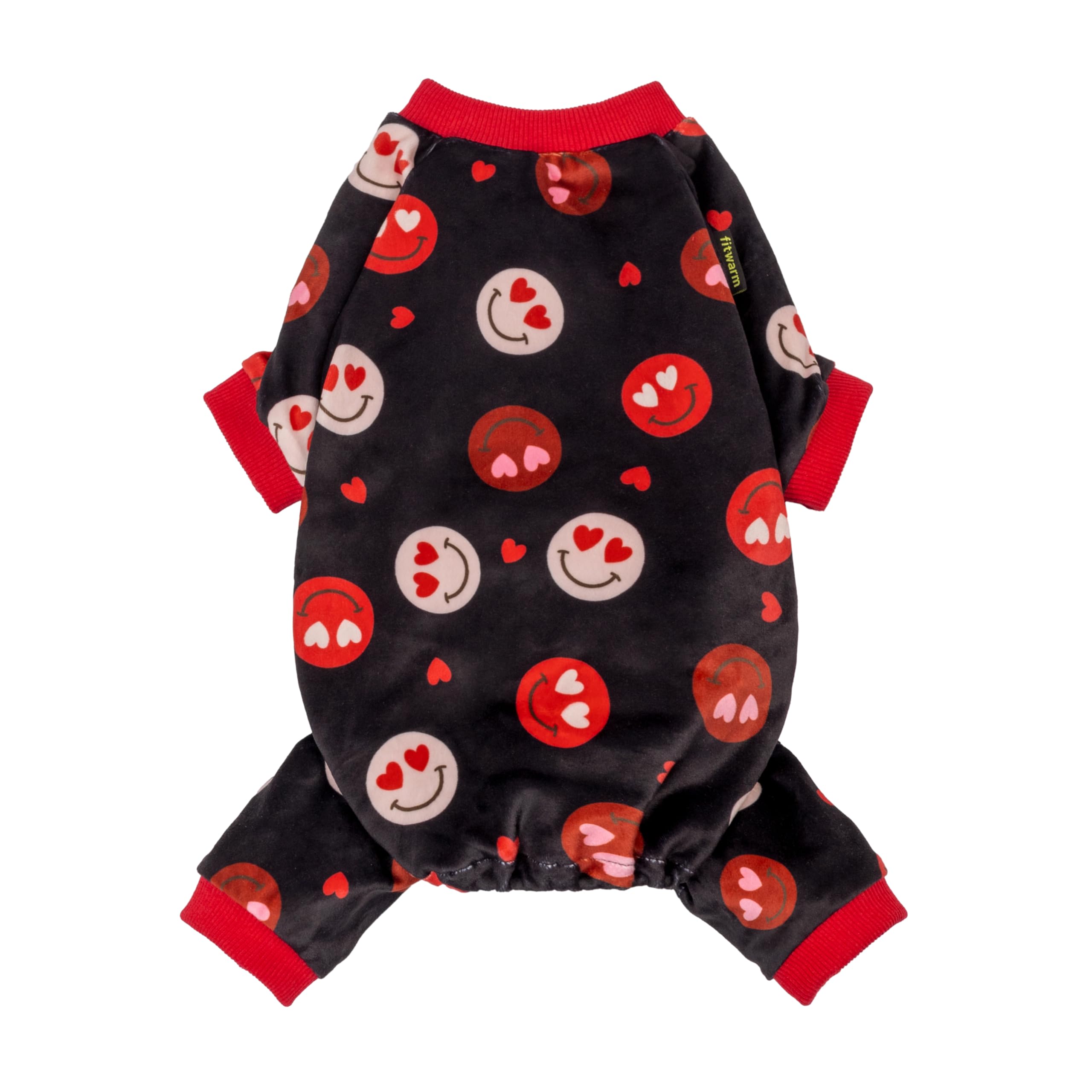 Fitwarm dog pajamas shown from the front with a black base and heart-eyes print.