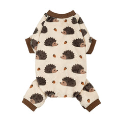Fitwarm dog pajamas shown from the front with a beige woodland print.
