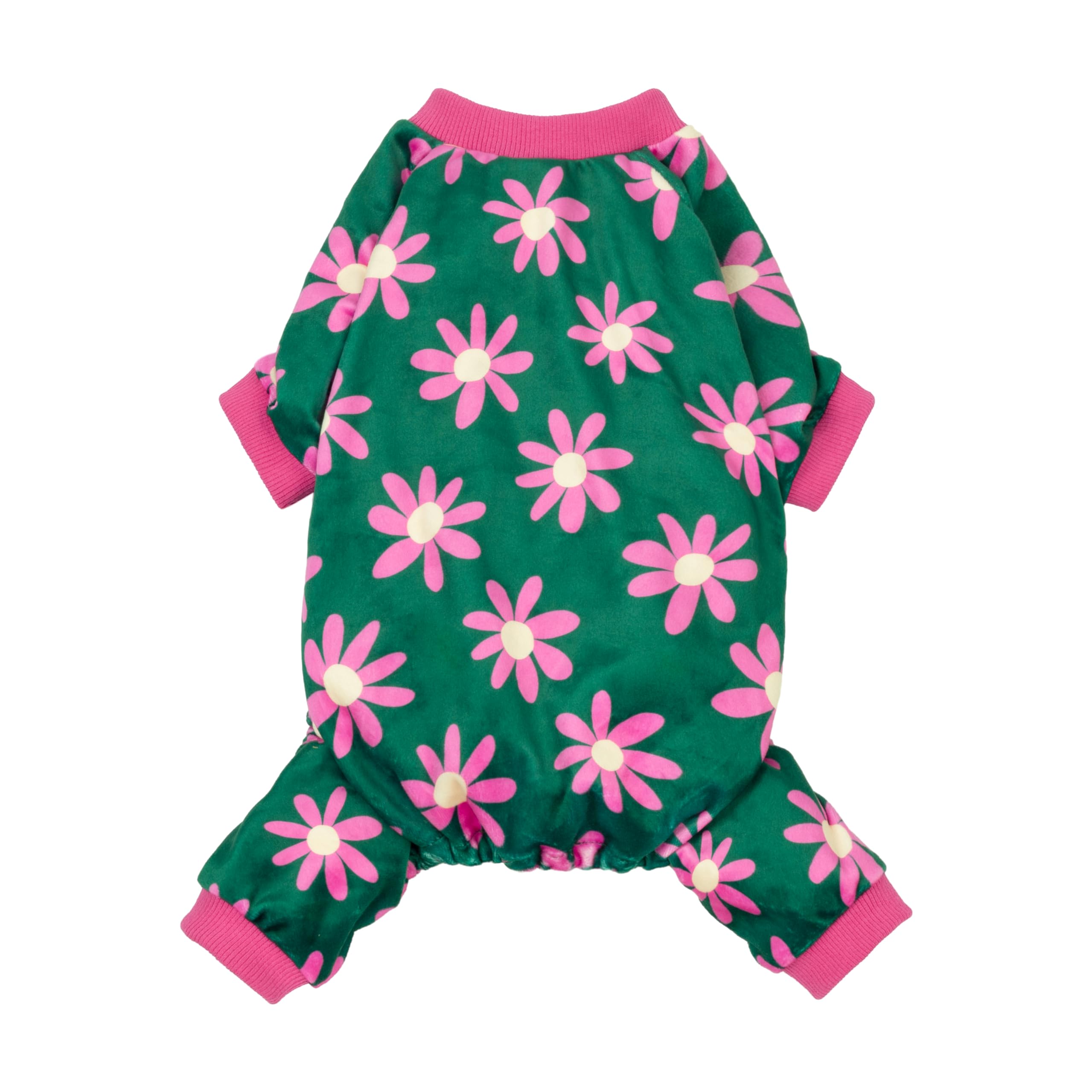 Fitwarm dog pajamas shown from the front in dark green with a floral design.