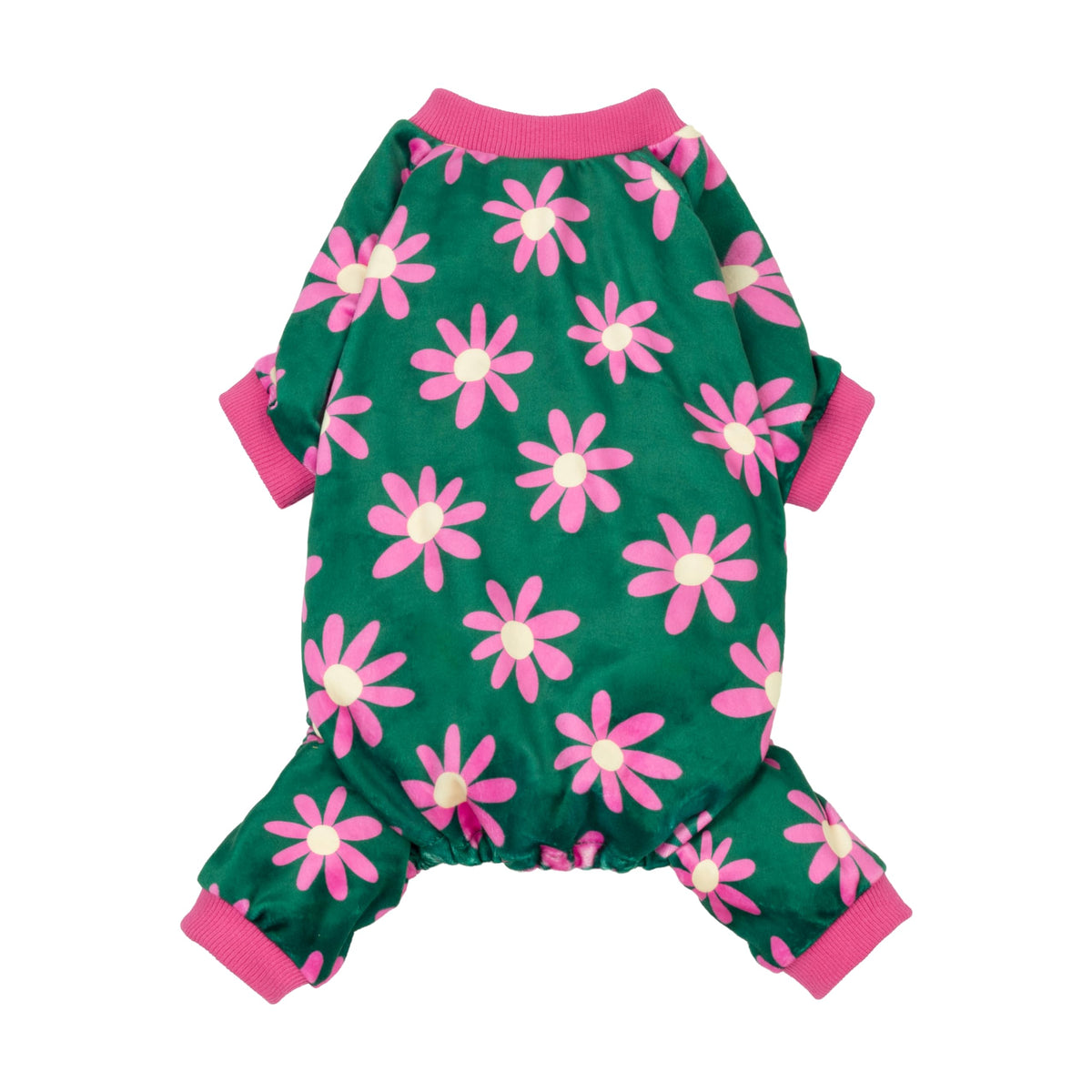 Fitwarm dog pajamas shown from the front in dark green with a floral design.
