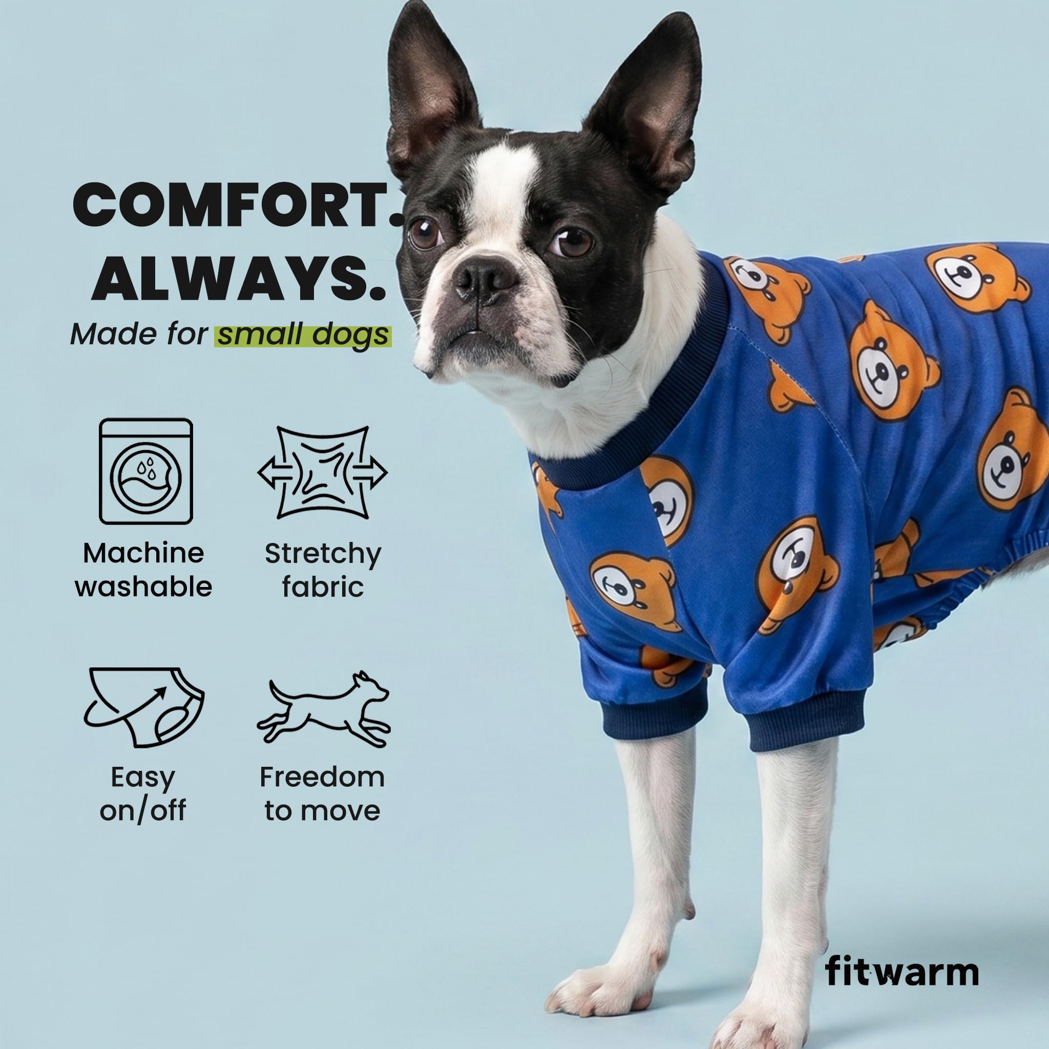 Fitwarm dog pajamas worn by a pet while resting comfortably.