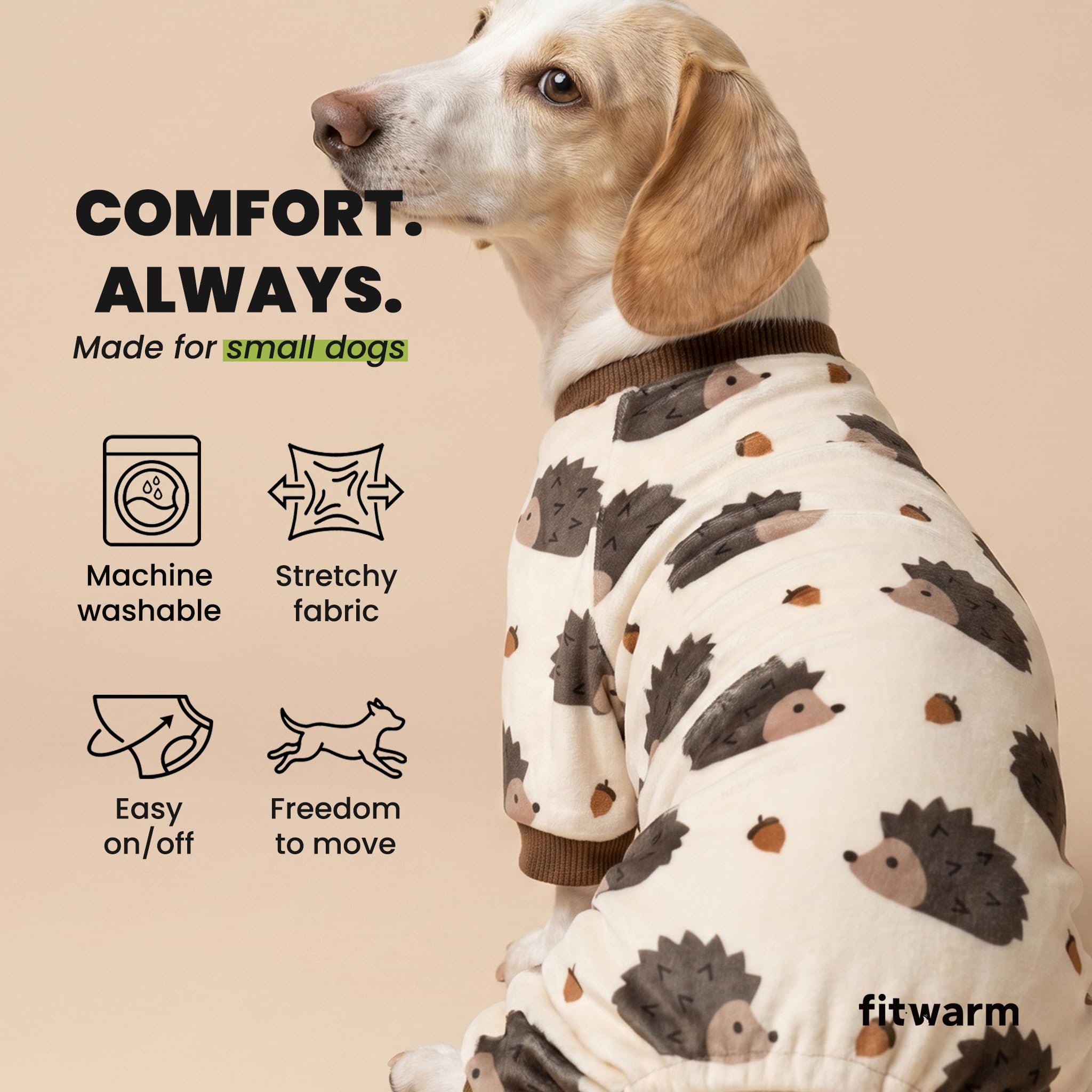 Fitwarm dog pajamas worn by a small dog relaxing indoors.